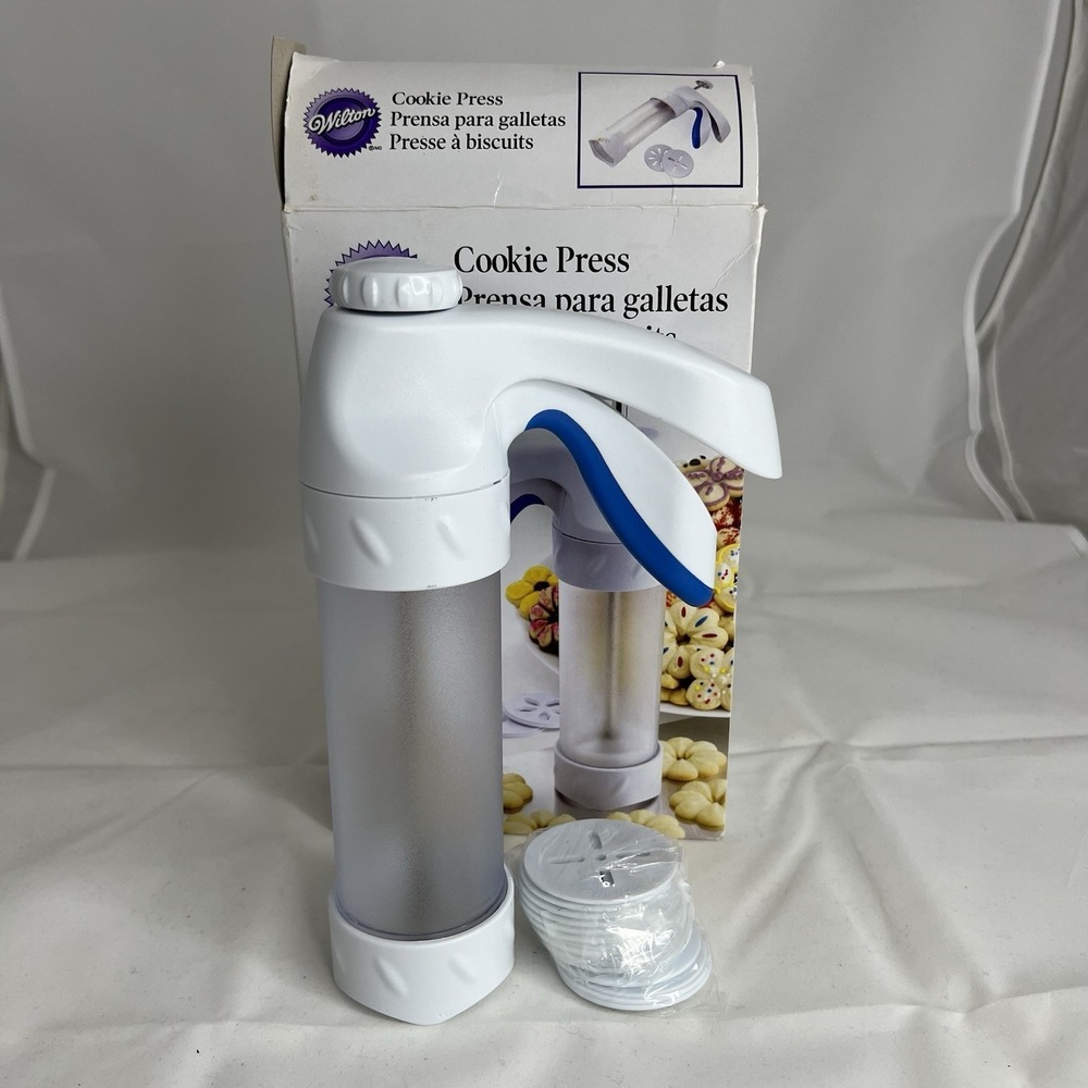 NEW Wilton Cookie Press 12 Disc Set Spritz Cookie Maker White Blue w/ Box Baking